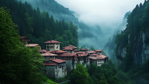 Mountain monastery complex sits in misty forested gorge