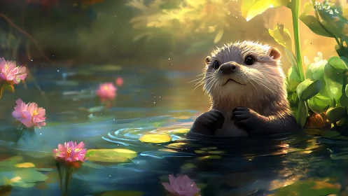 Cute otter in sunlit pond surrounded by flowers and lily pads.