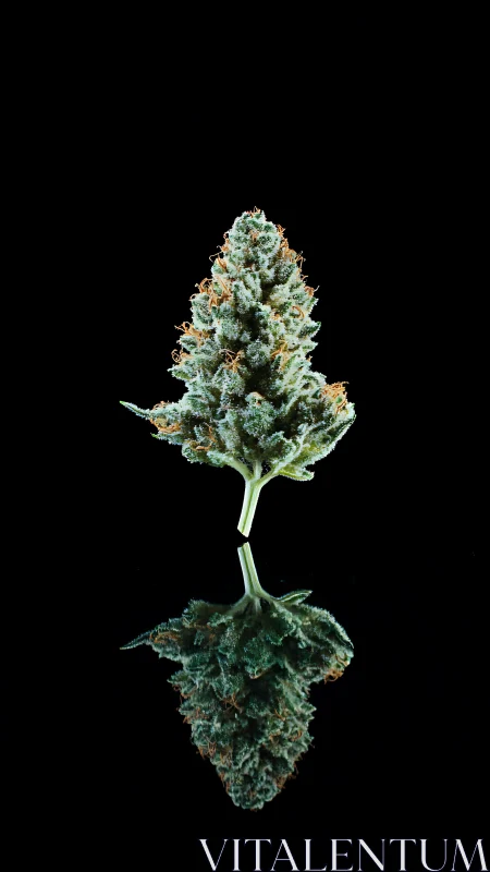 Cannabis bud stands against black with crisp reflection.