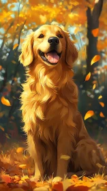 Golden retriever portrait under glowing autumn foliage.