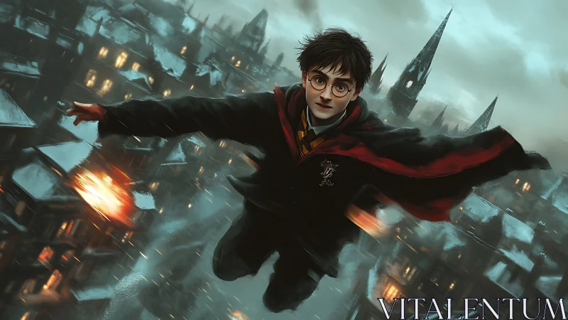Young wizard soars above snowy rooftops in glowing night