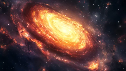 Luminous spiral galaxy rendered with high dynamic range plasma core