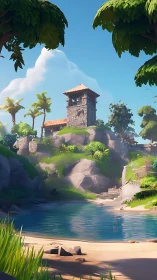 Fortified Coastal Tower with Tropical Vegetation and Waterfront.