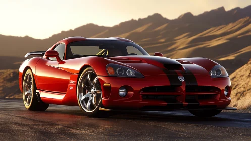 Red sports coupe on mountain road in low evening sunlight.