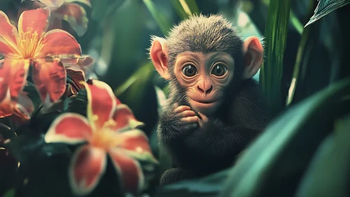 Hyperreal baby monkey portrait framed by tropical flowers