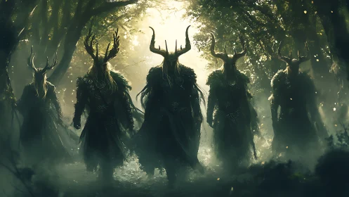 Horned forest warlocks advance through misty green light