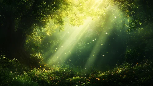 Sunlit forest glade where wandering light writes legends.