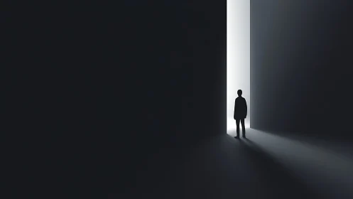 Silhouetted figure emerging through converging geometric light source aperture
