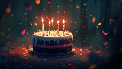 Birthday Cake with Glowing Candles Surrounded by Colorful Confetti.