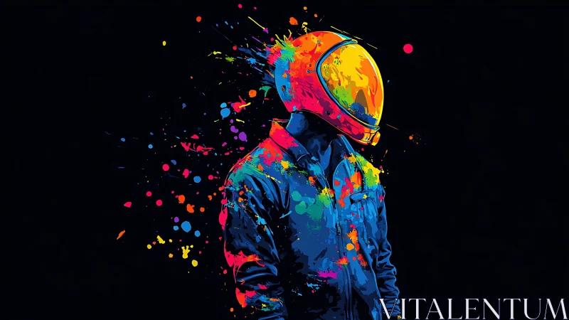 Neon astronaut stands adrift in a burst of cosmic color