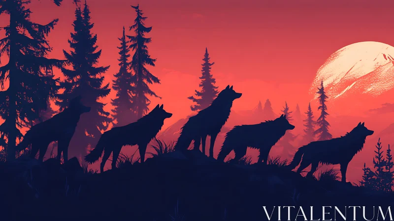 Silhouetted wolf pack aligned on ridge under saturated crimson moon