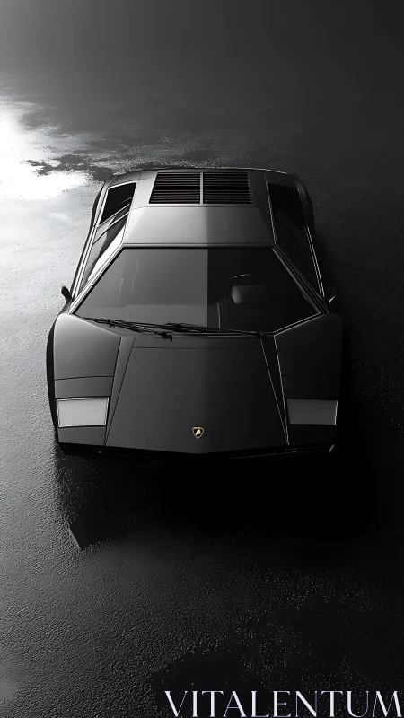 Sleek black supercar stands poised on a moody wet surface