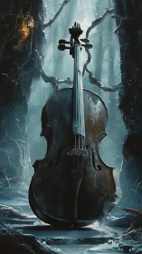 Weathered cello stands frozen inside misty enchanted forest