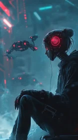 Neon cyberpunk vigilante rests amid drones and neon haze.