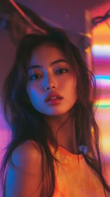 Neon lit portrait of young woman in vivid studio light.