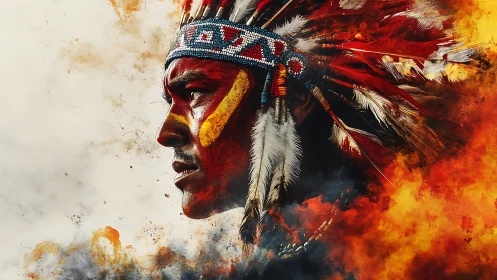 Profile portrait of man in feathered headdress amid smoke