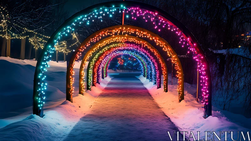 Multicolor LED arch corridor illuminating nocturnal winter path.