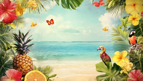 Tropical beach composition with botanical and avian elements.
