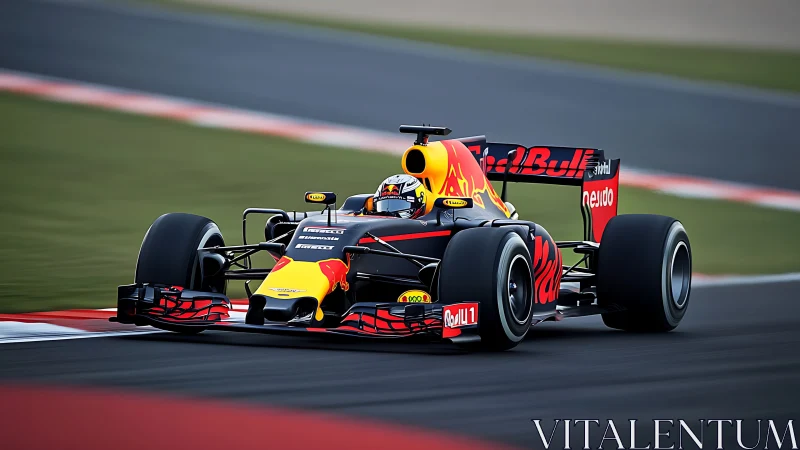 Red Bull F1 rocket leans into the curve and chews the asphalt