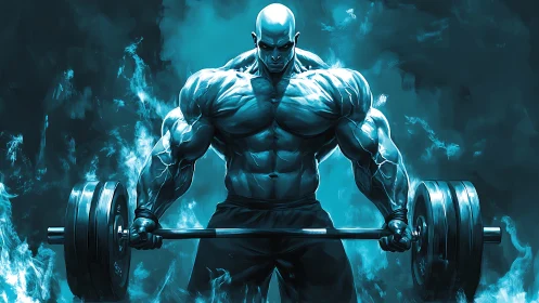 Mythic bodybuilder lifts barbell in teal inferno glow.