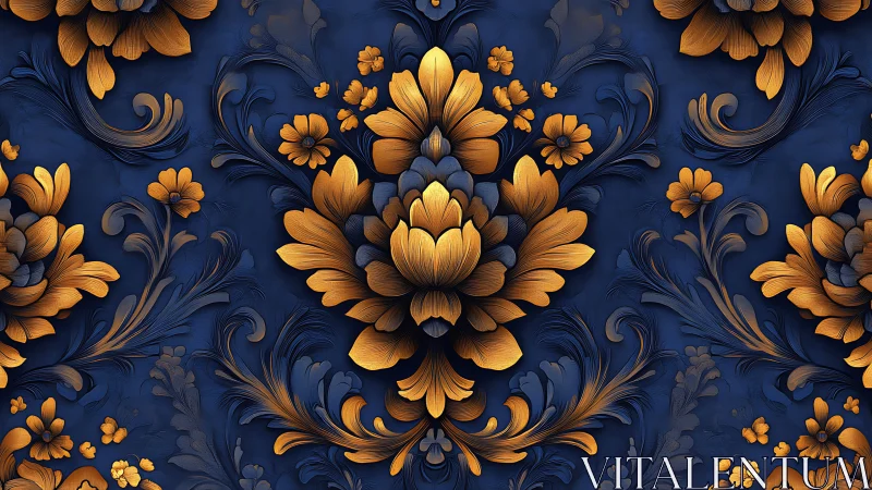 Embossed gold floral relief with symmetrical baroque scroll motifs on blue