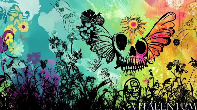 Butterfly-winged skull drifts above neon wildflower silhouettes.