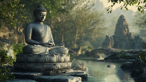 Serene stone Buddha in misty riverside garden rendered photorealistic