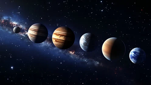 Gentle lineup of glowing planets drifting through starlight.