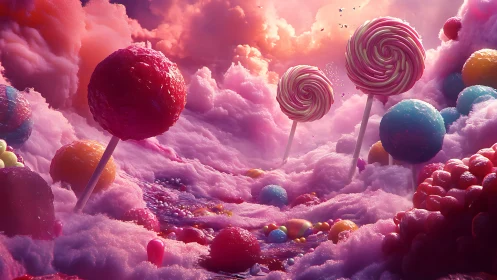 Surreal candy landscape with lollipops emerging from pink cloud formations.