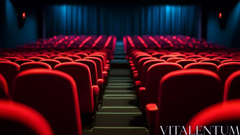 Empty red cinema auditorium with rows of plush seats.