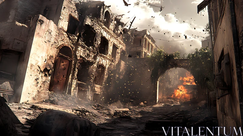 Digital war-torn alleyway with collapsing masonry and firestorm.
