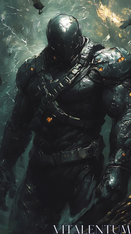 Armored night colossus strides through stormlit wreckage.