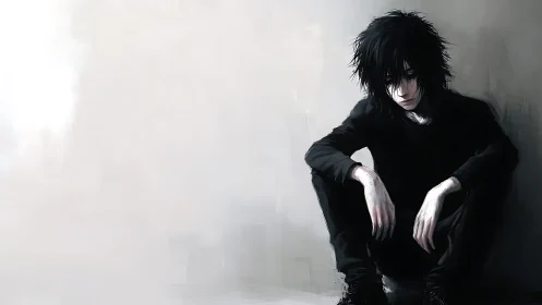 Digital painting of solitary boy in desaturated minimalist space.