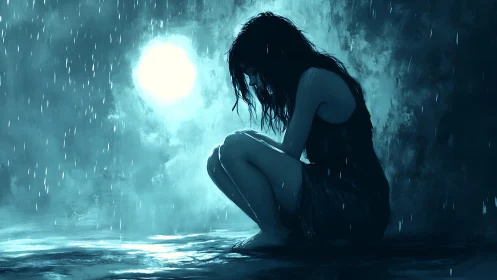 Solitary figure sits in rain against diffuse circular backlight