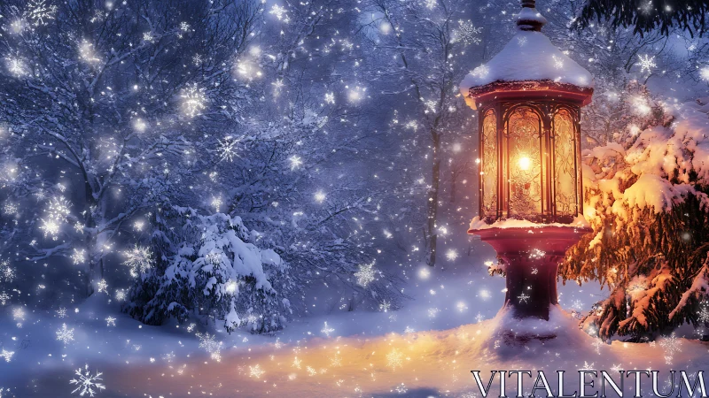 Snow-covered lantern in dense winter forest at twilight.