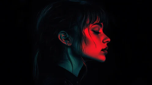 Neon-lit side profile of woman in sculpted red and teal glow.