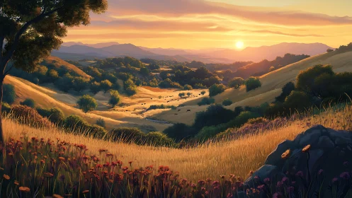 Golden valley sunset bathes rolling hills in warm light.