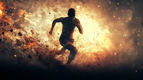 Silhouetted runner bursts through blazing explosion of energy