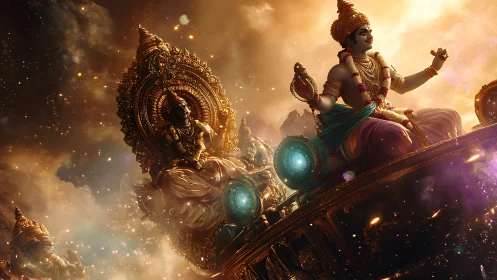 Celestial deity rides jeweled cosmic chariot through nebulae.