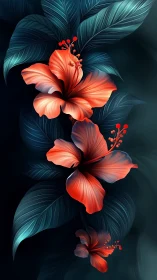 Hibiscus Blossoms on Dark Teal Foliage. Vibrant Floral Digital Art.