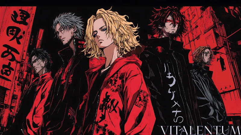 Urban night gang lineup in red black high-contrast anime art