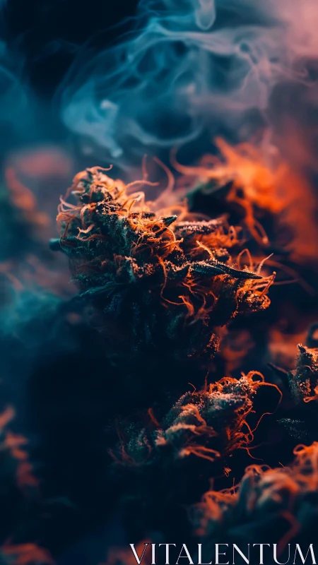 Macro cannabis bud with smoke in low key colored light.