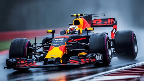 Rain-soaked Formula car carving bold color through mist.