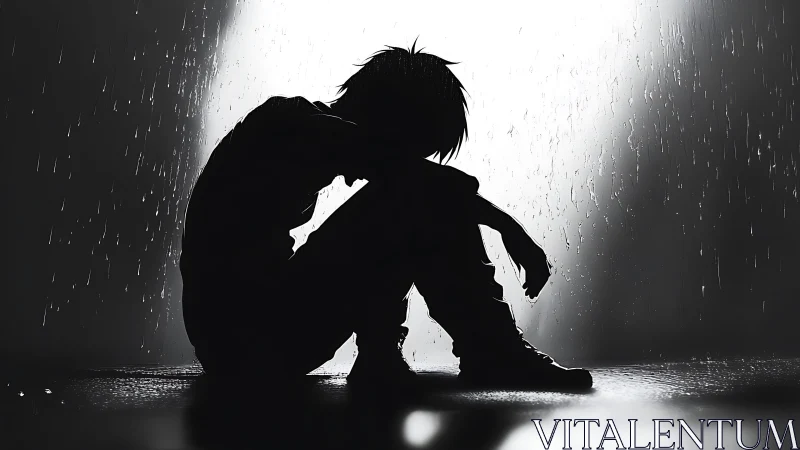 High-contrast anime silhouette of seated figure in rainscape.
