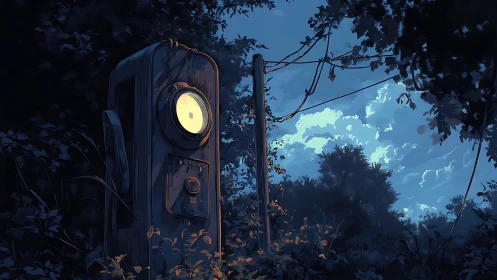 Lonely forest phone glowing softly under a dreamy sky.