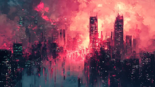 Neon storm skyline dissolving into glitchfire dusk.