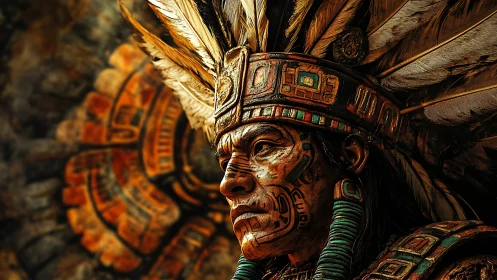 Ornate warrior portrait renders intricate Mesoamerican regalia
