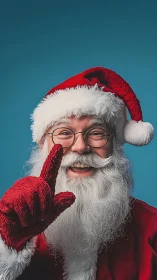 Joyful Santa portrait with raised gloved finger on teal backdrop.