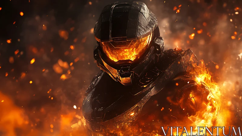 Armored Soldier Engulfed in Intense Fire and Embers.