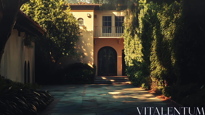 Sunlit courtyard path leading to a quietly inviting villa.